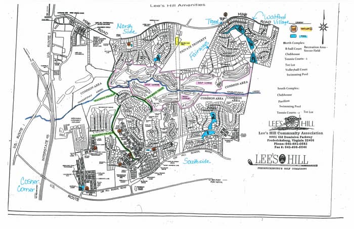Printed Lee's Hill Amenities map showing North and South complexes, clubhouses, pools, tennis courts, trails, and golf course layout, with the community association contact details listed