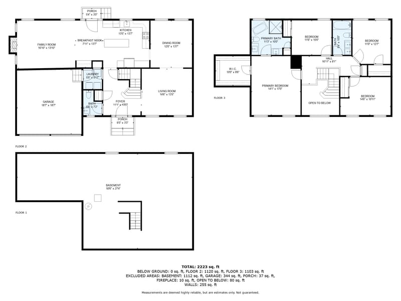 Combined floor plan showing all three levels of the home together: Floor 1 the unfinished basement, Floor 2 the main living level with garage, and Floor 3 the upper bedroom level, each with room labels and dimensions.