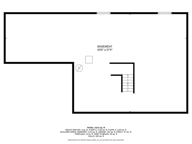 Floor plan of the unfinished basement, an open L-shaped space measuring 50 feet 6 inches by 27 feet 4 inches with a staircase and a utility marker, no interior partition rooms.
