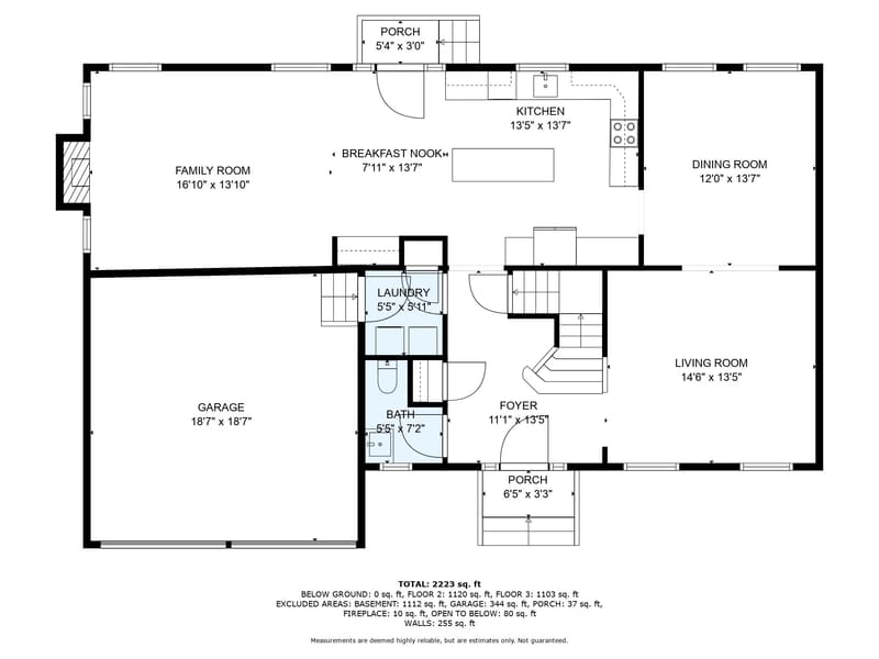 Floor plan of the main level showing the foyer, living room, family room with fireplace, dining room, kitchen, breakfast nook, laundry, half bath, two porches, and a two-car garage, with room dimensions.