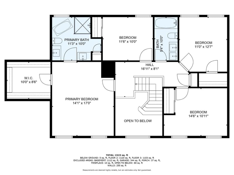 Floor plan of the upper level showing the primary bedroom with walk-in closet and primary bath, three additional bedrooms, a hall bath, a central hall, and an open-to-below area, with room dimensions.
