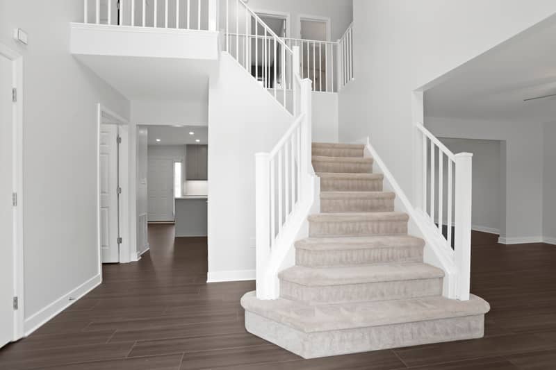Two-story entry foyer with dark LVP flooring, a carpeted staircase with white railings, and an open second-floor landing overlooking the entry