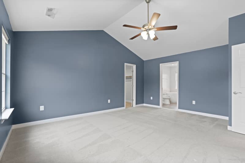Carpeted primary bedroom with vaulted ceiling and ceiling fan, showing a doorway to the walk-in closet and a doorway to the en-suite bath with a freestanding tub